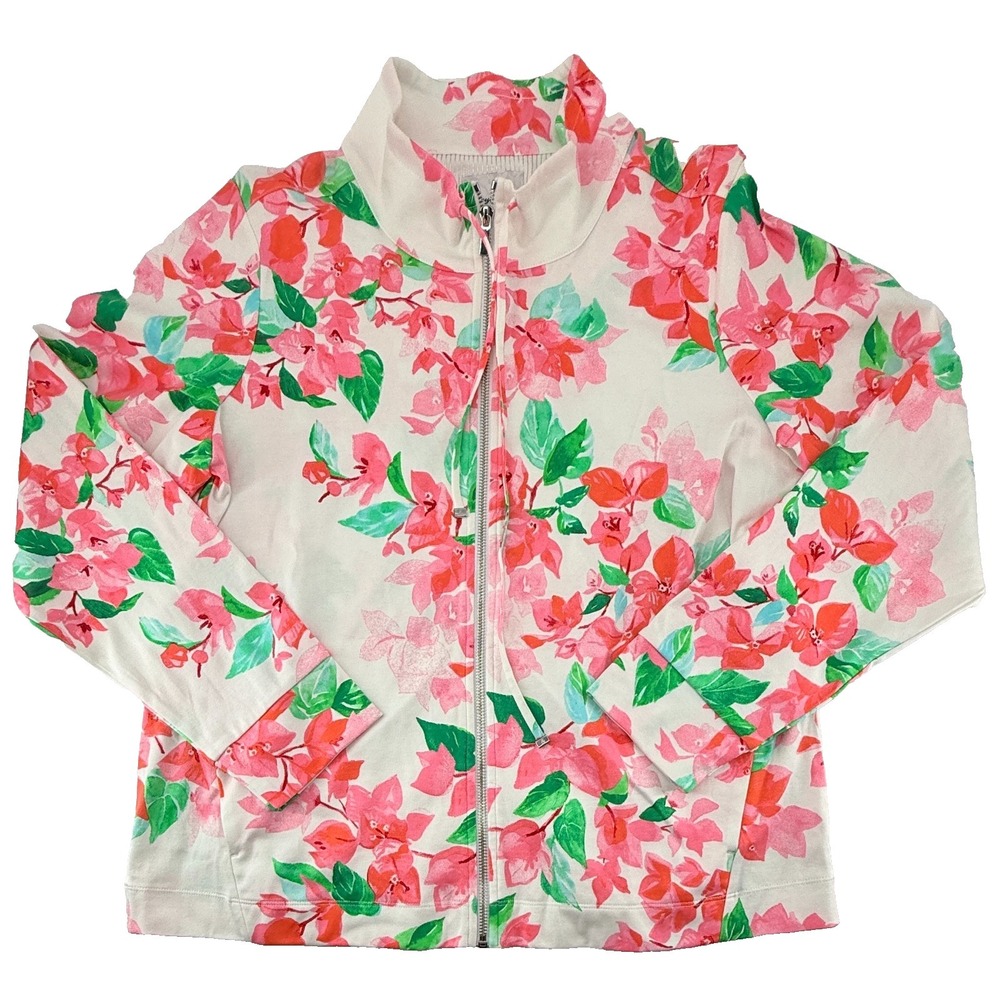 Tommy Bahama Women L Floral Zip Track Jacket Pink Green Pima Cotton Mock Neck